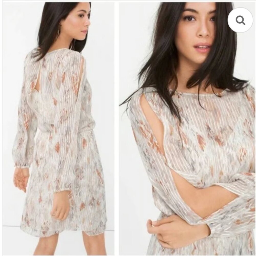 WHBM White/Gold/Silver Metallic Abstract Print Long Sleeve Knee Dress